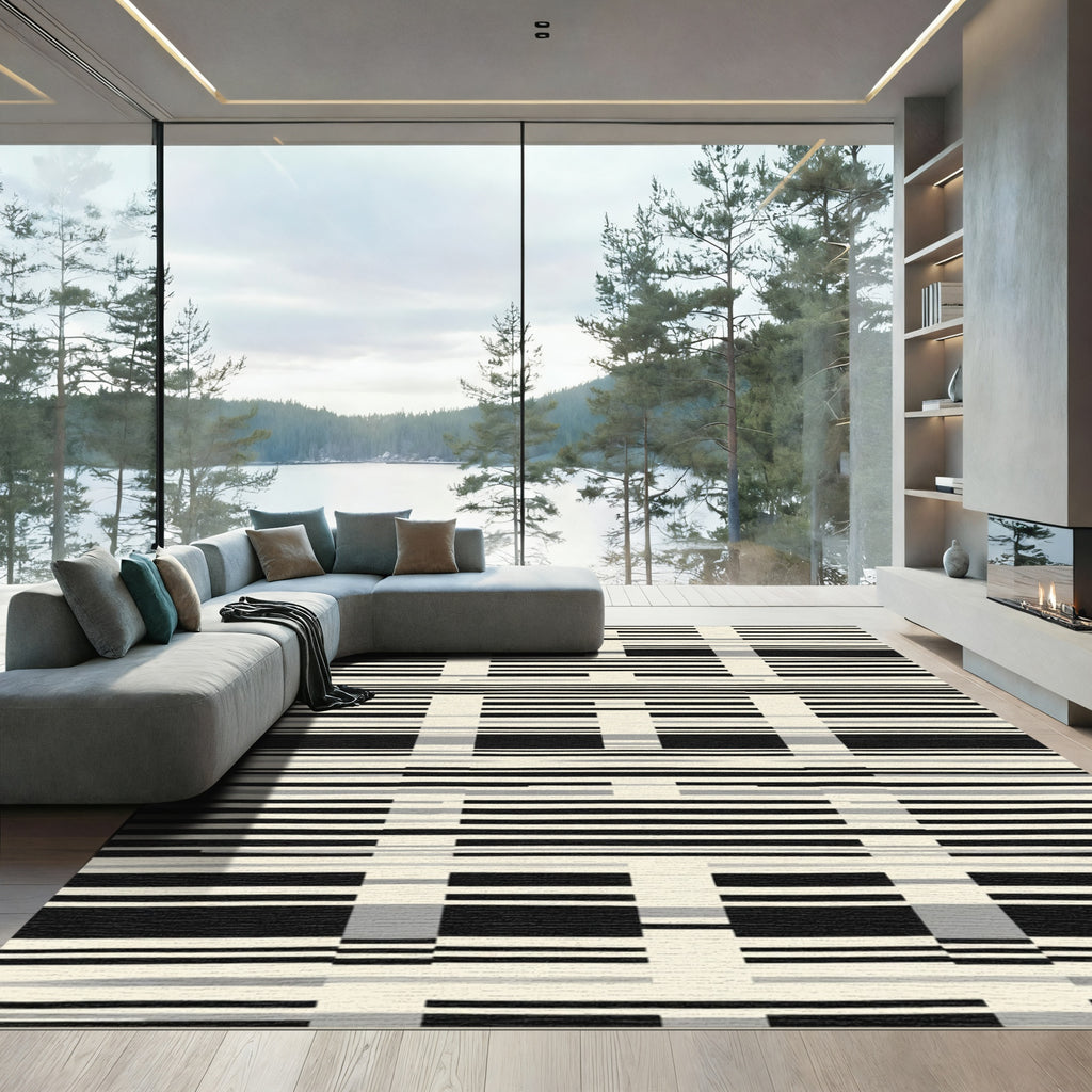Black and Cream Lined Geometry Rug