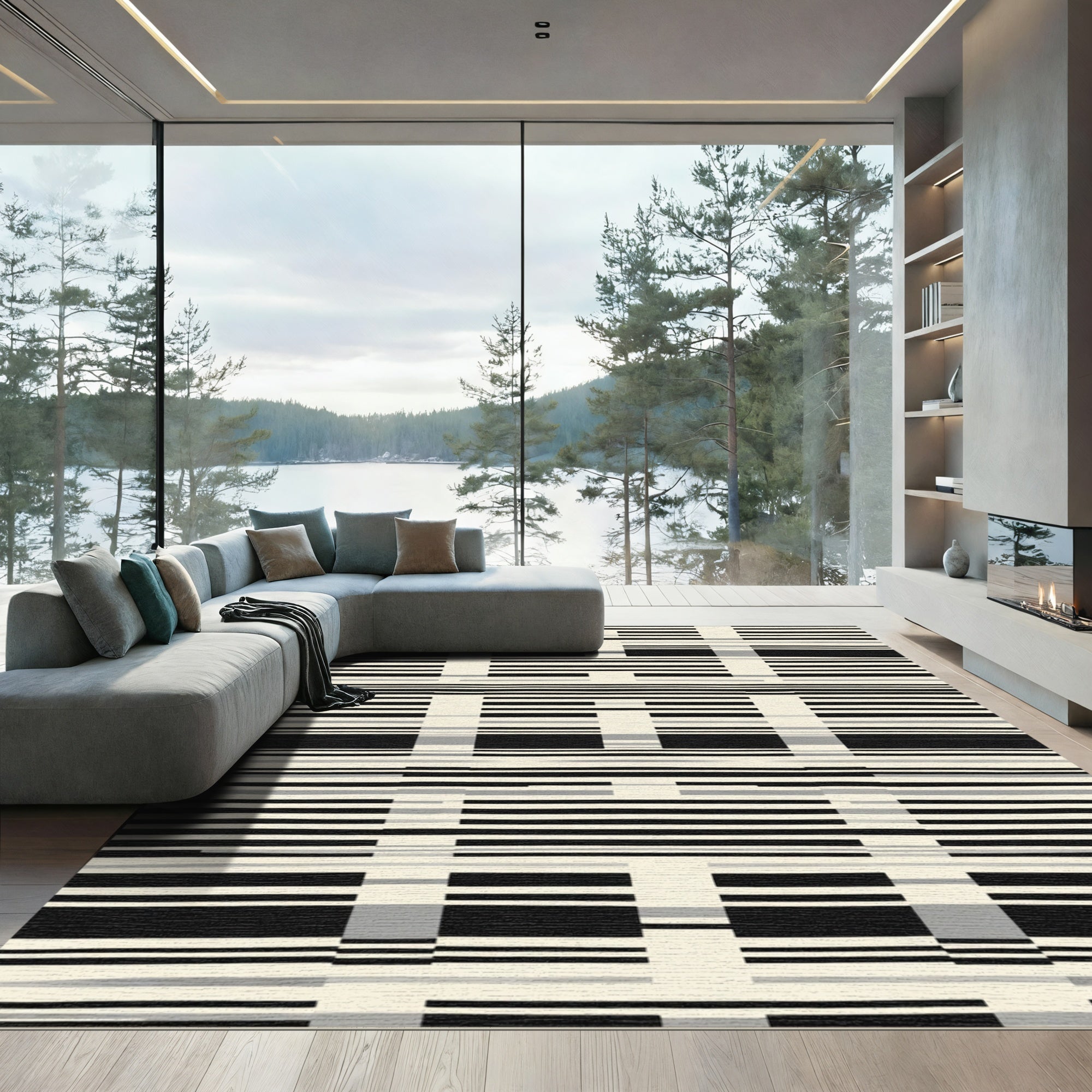 Black and Cream Lined Geometry Rug