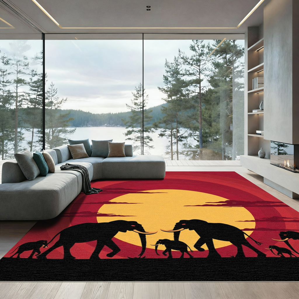 Crimson Sunset Elephant Herd Silhouette Rug