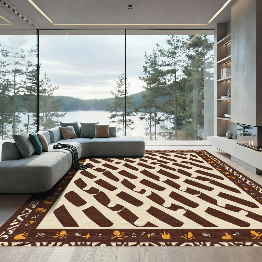 Brown Cream Abstract Striped Geometric Border Rug