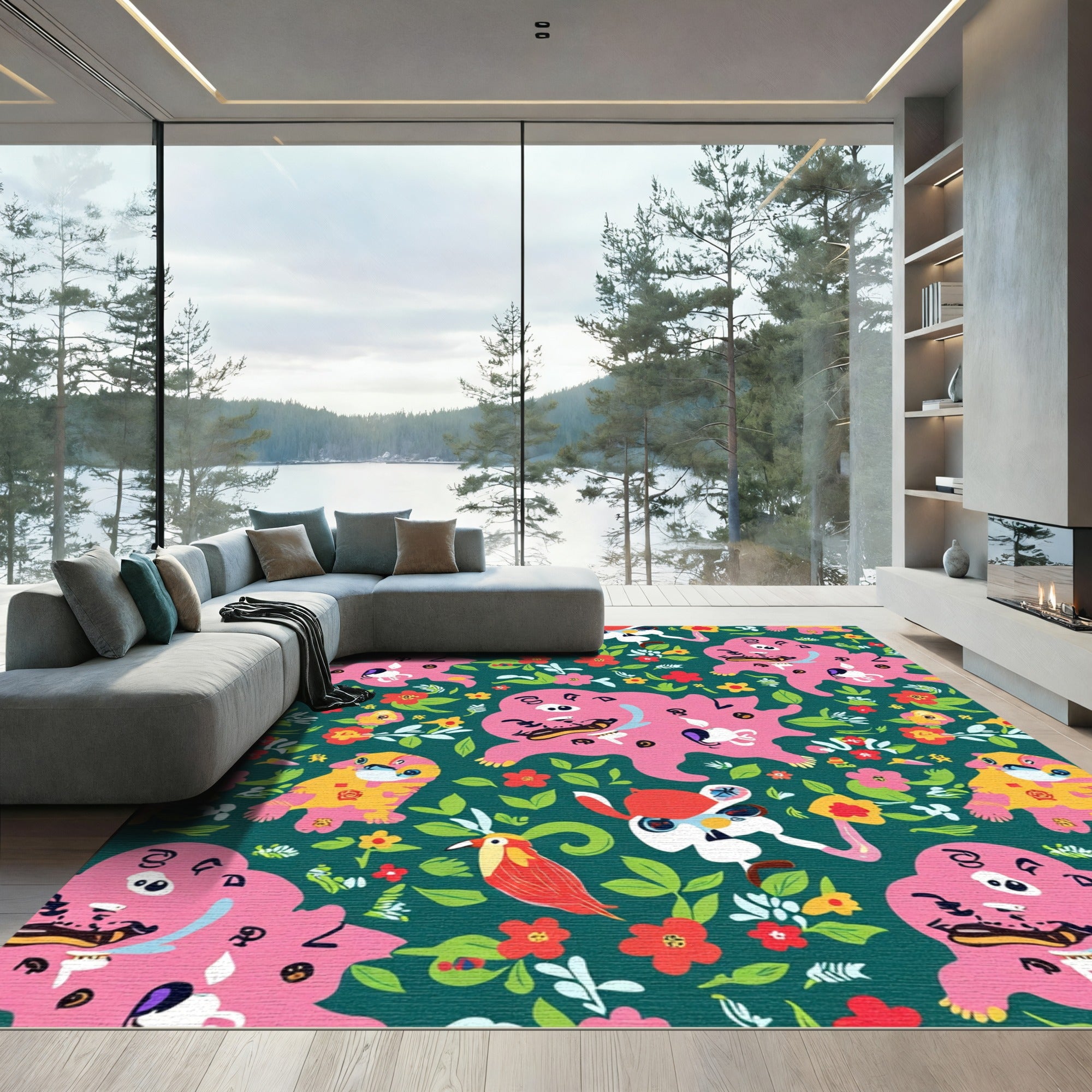 Whimsical Pink Creatures Floral Garden Rug