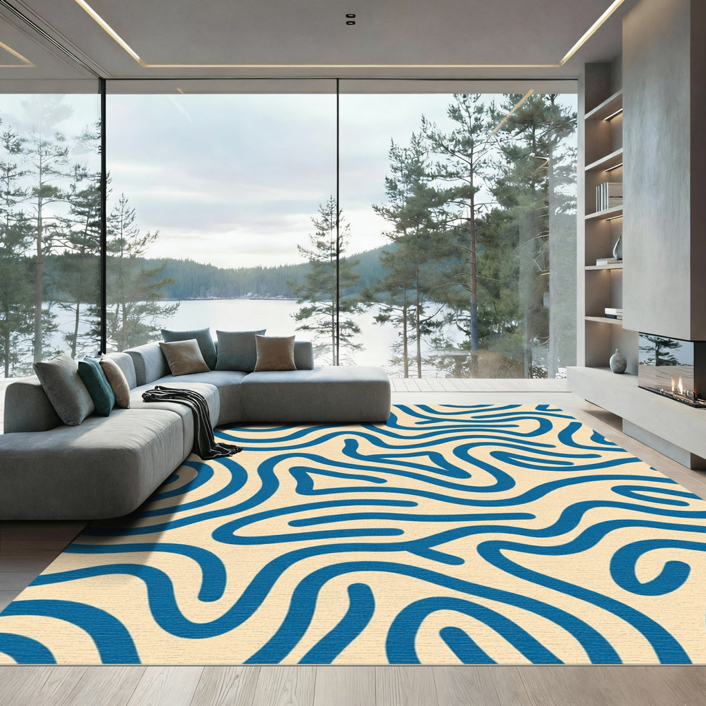 Deep Blue Wavy Lines Abstract Rug