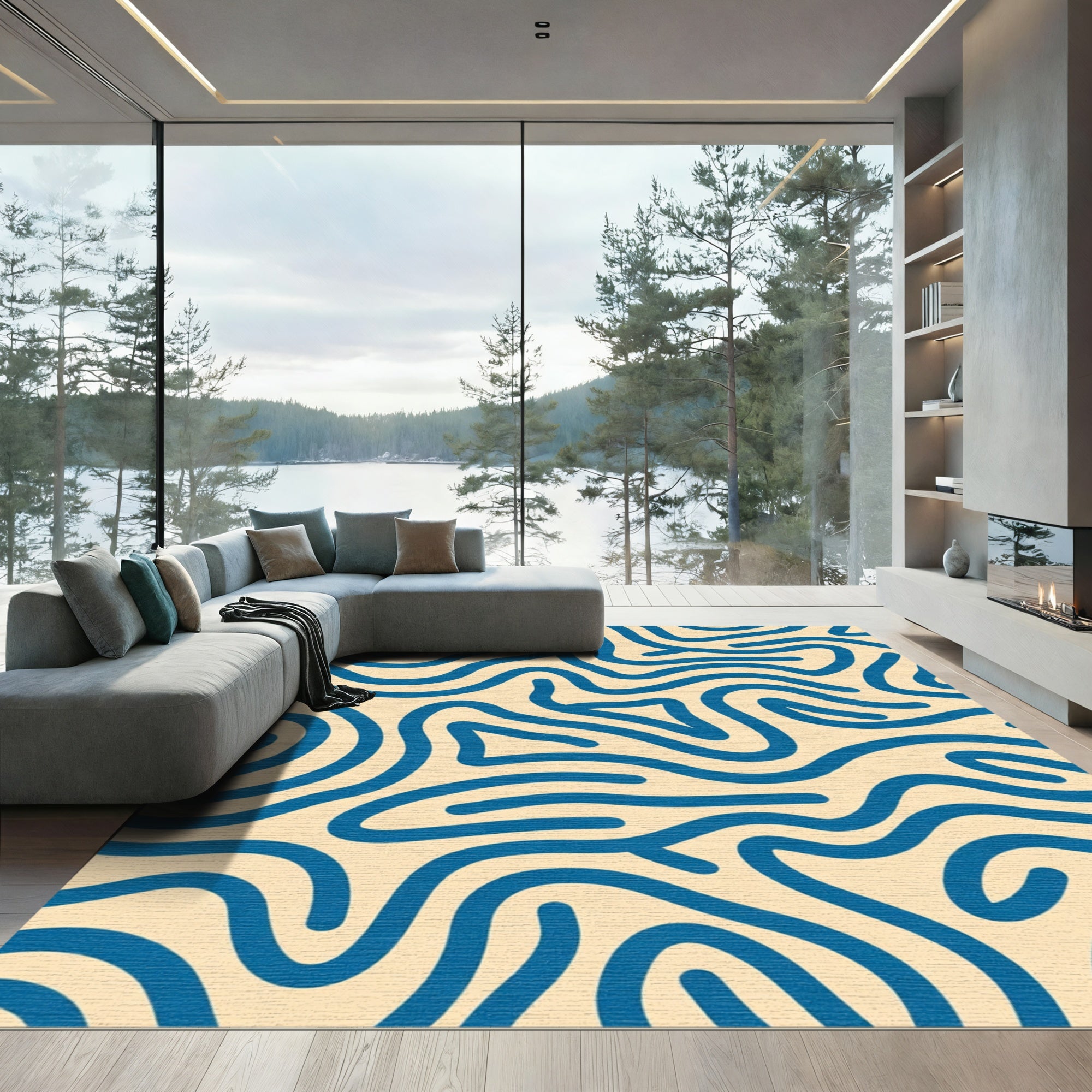 Deep Blue Wavy Lines Abstract Rug