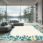 Teal Blue Floral Bird Garden Border Rug