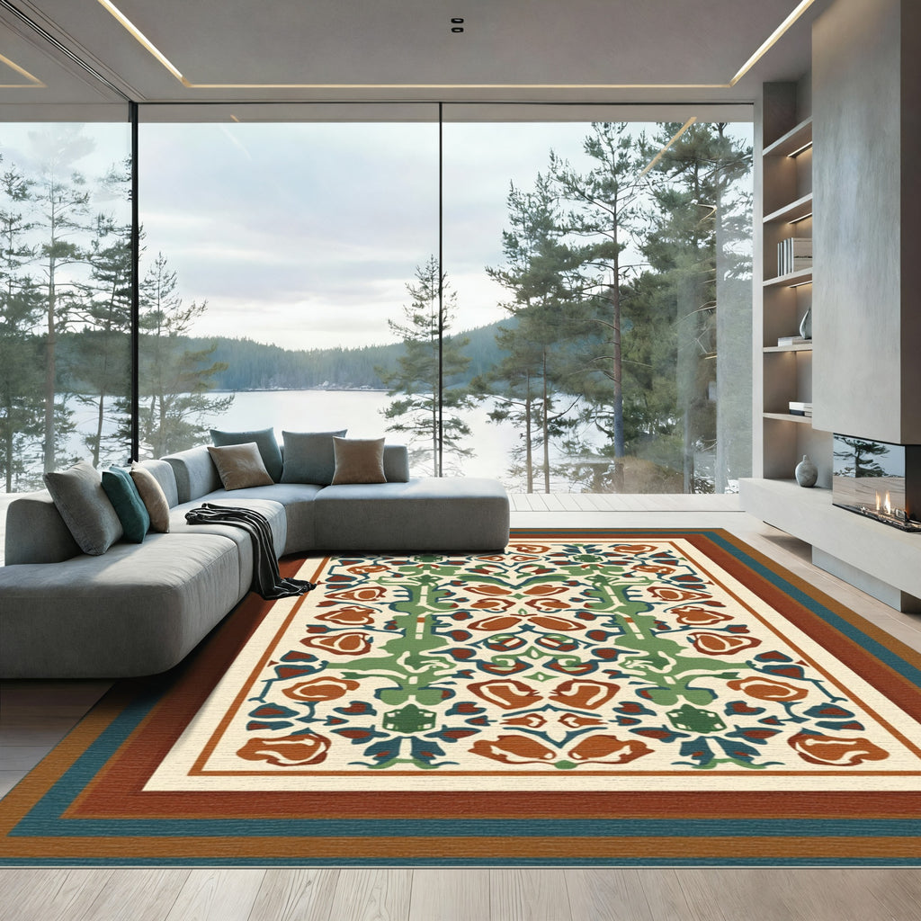Terracotta Green Floral Symmetry Rug