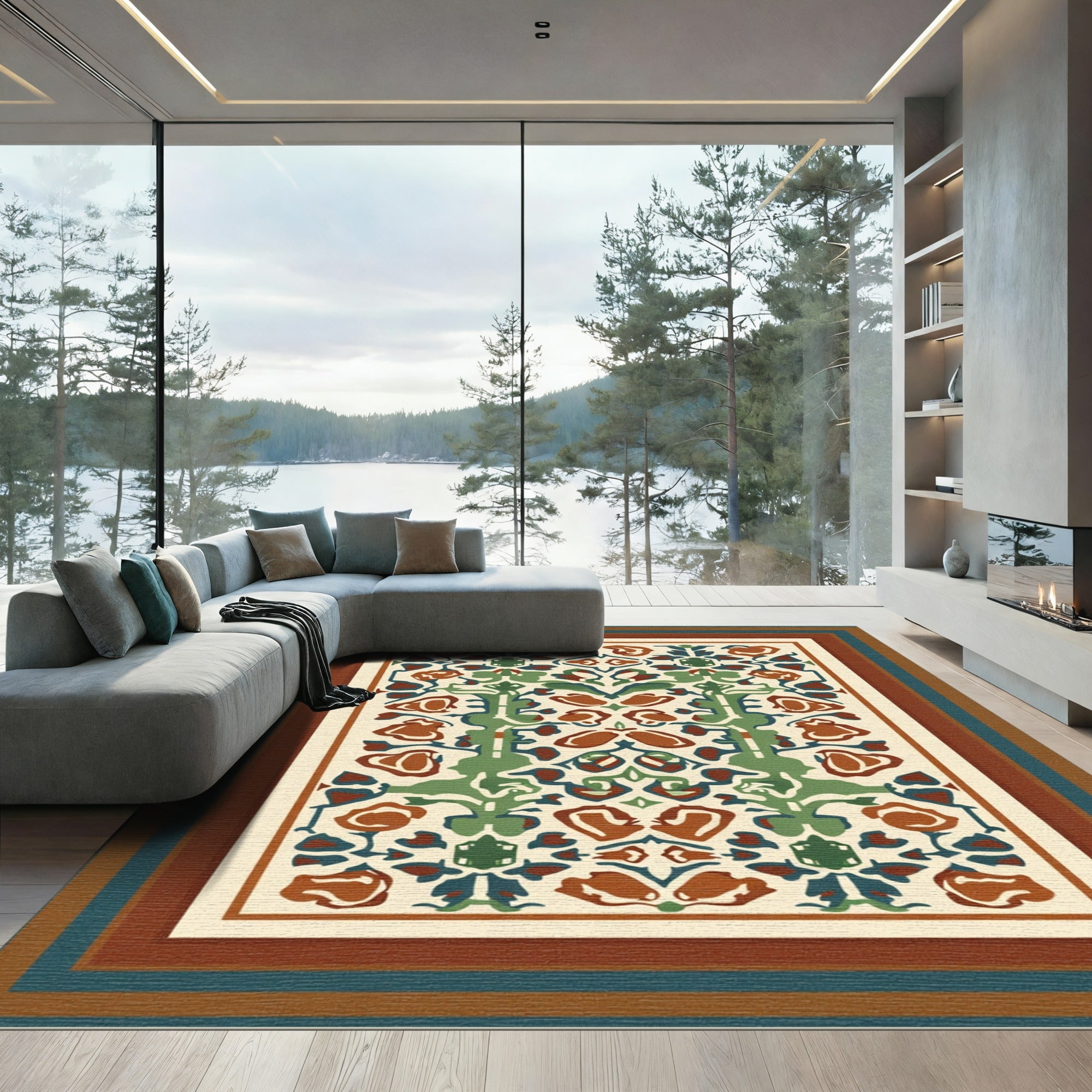 Terracotta Green Floral Symmetry Rug