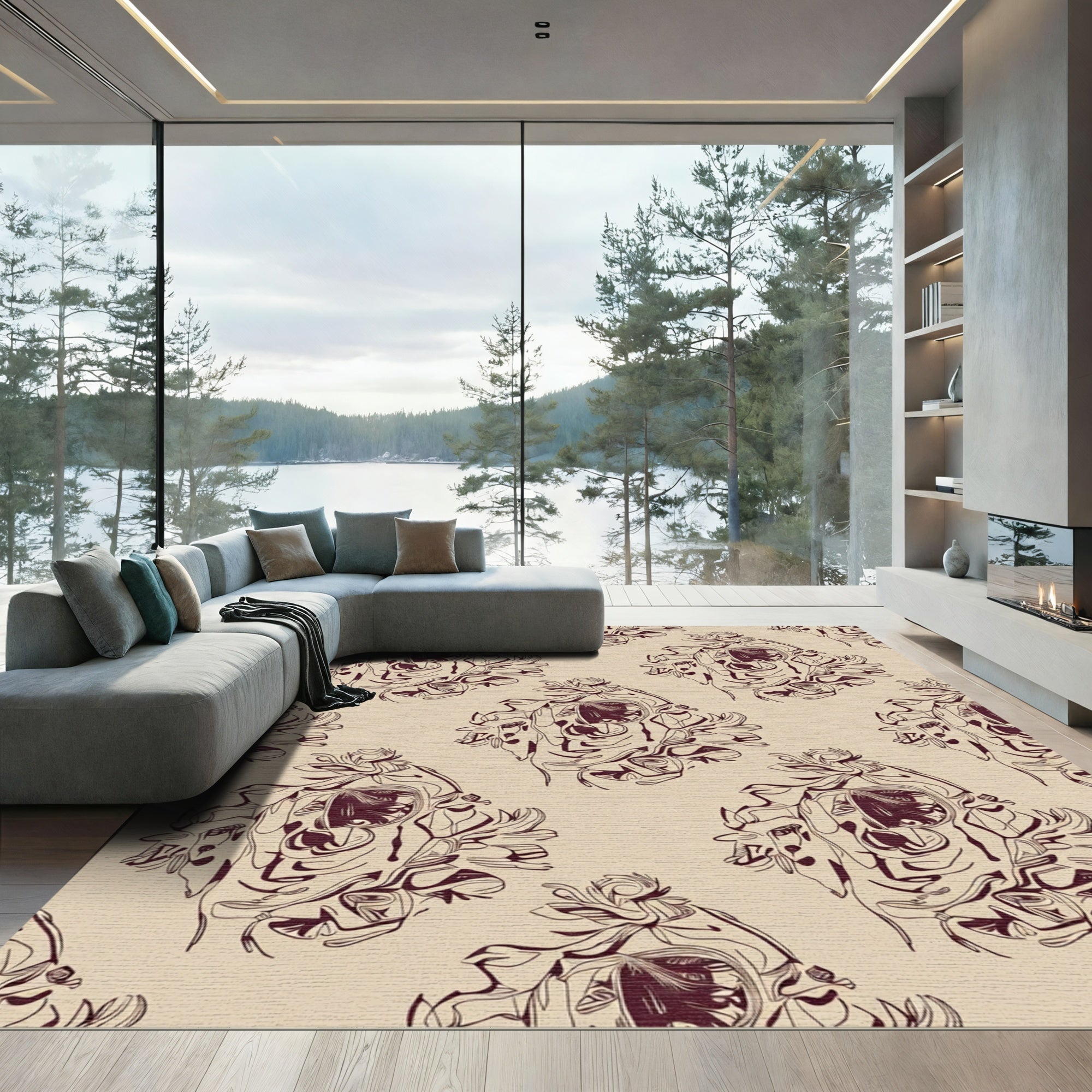 Crimson Abstract Head Medallion Rug