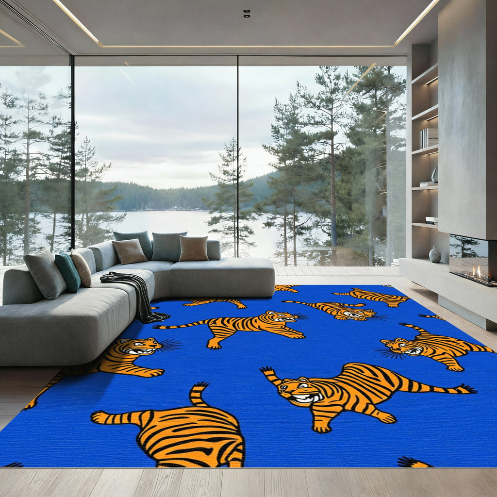 Vibrant Orange Tiger Scatter Blue Background Rug