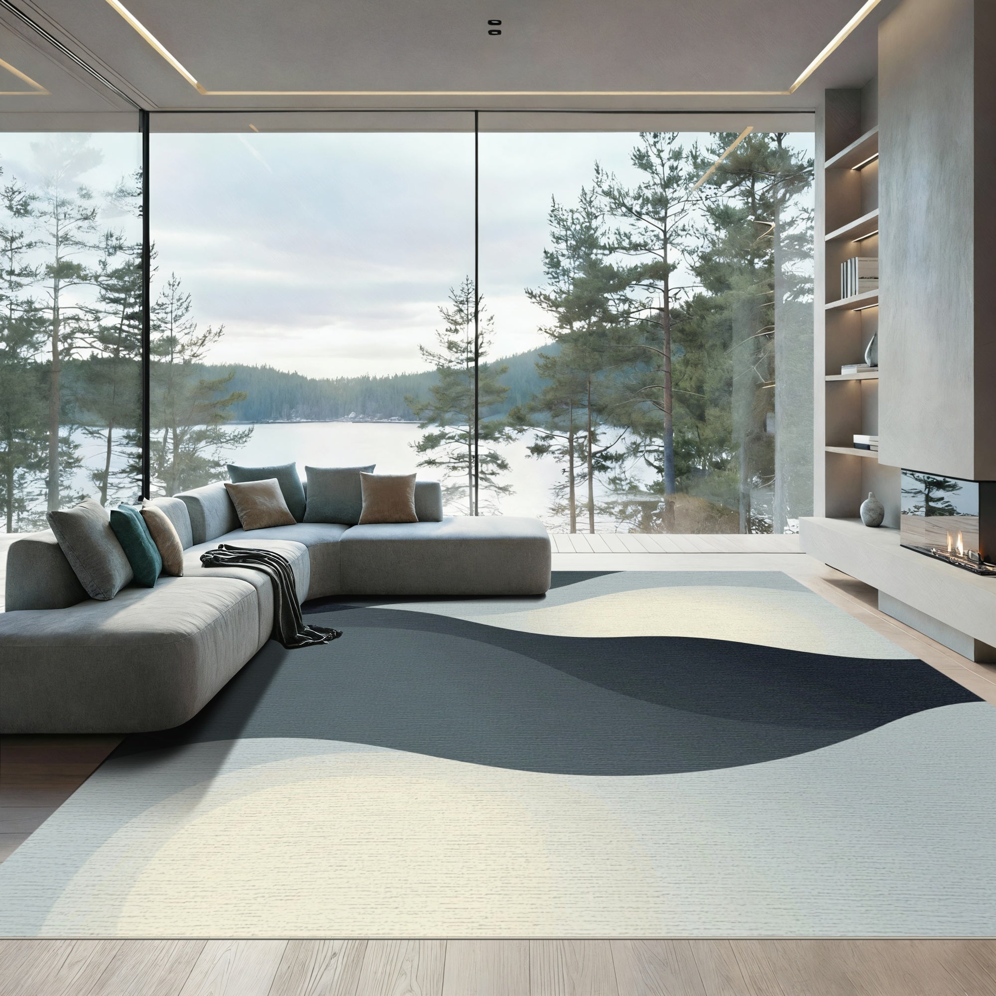 Modern Grey Gradient Flowing Curves Rug