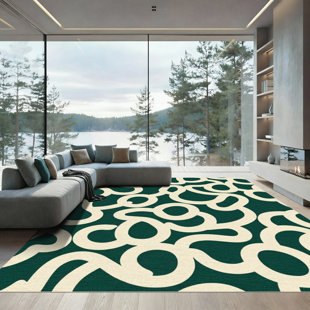 Cream Abstract Swirls Deep Green Rug