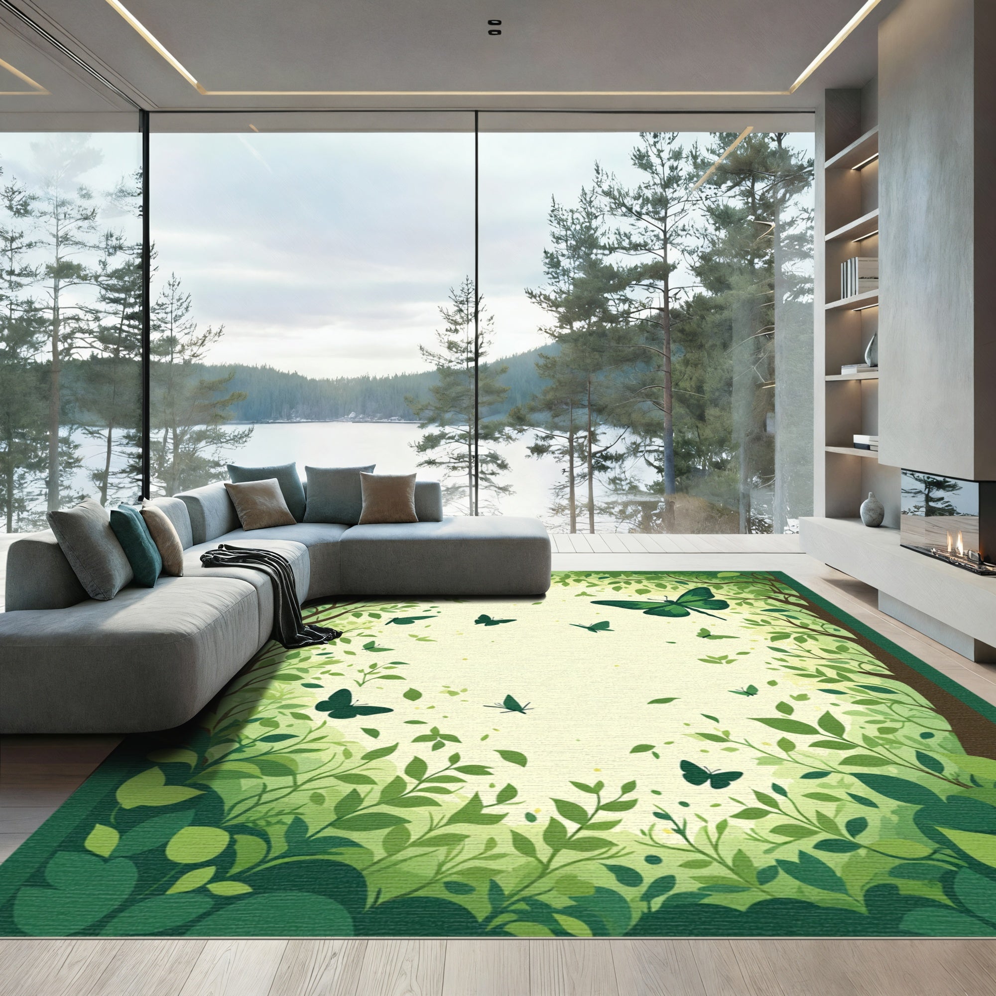 Lush Green Butterfly Forest Scene Rug