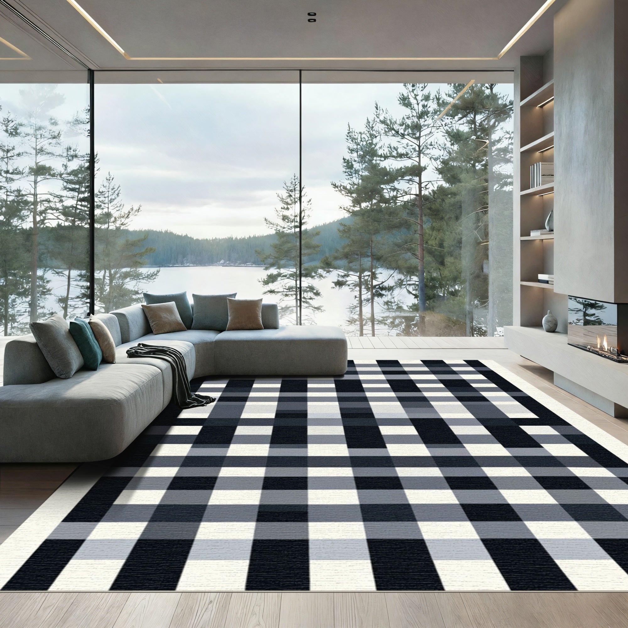 Tartan Black White Grid Layout Rug
