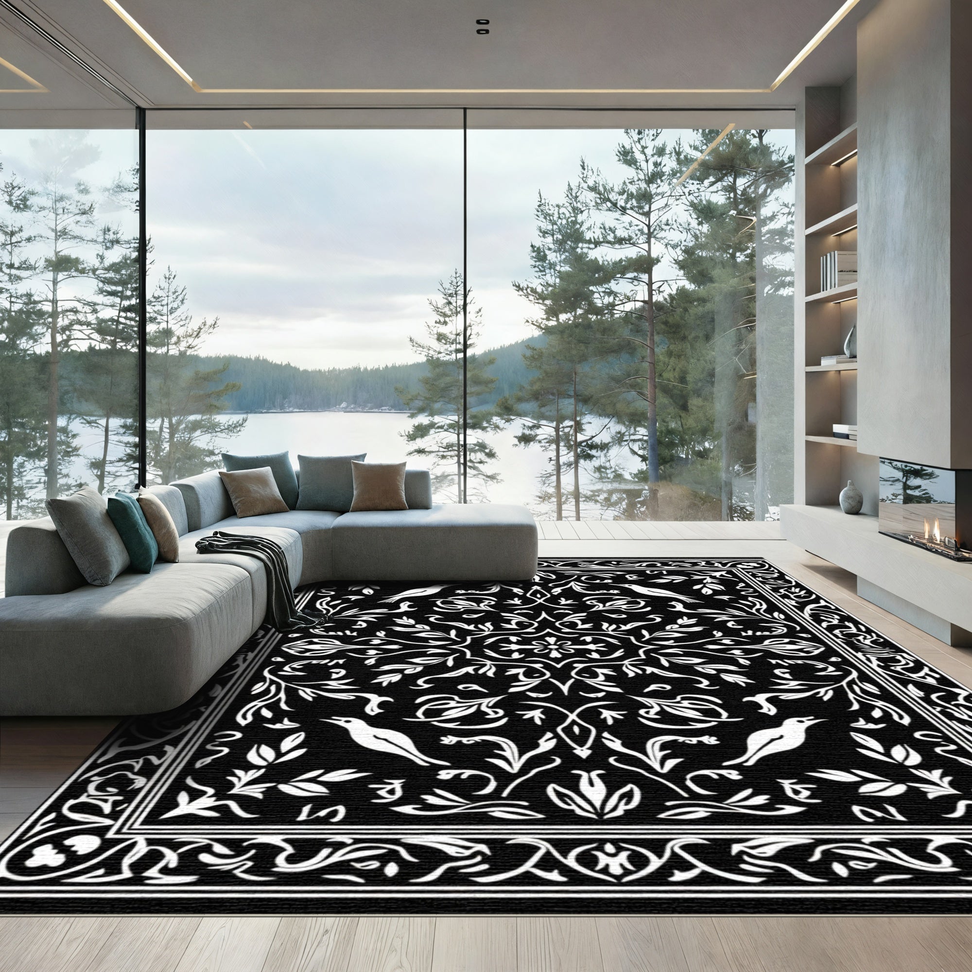 Black White Bird Floral Garden Rug