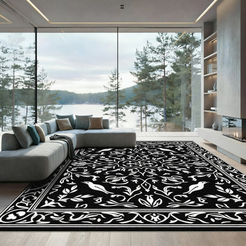 Black White Bird Floral Garden Rug
