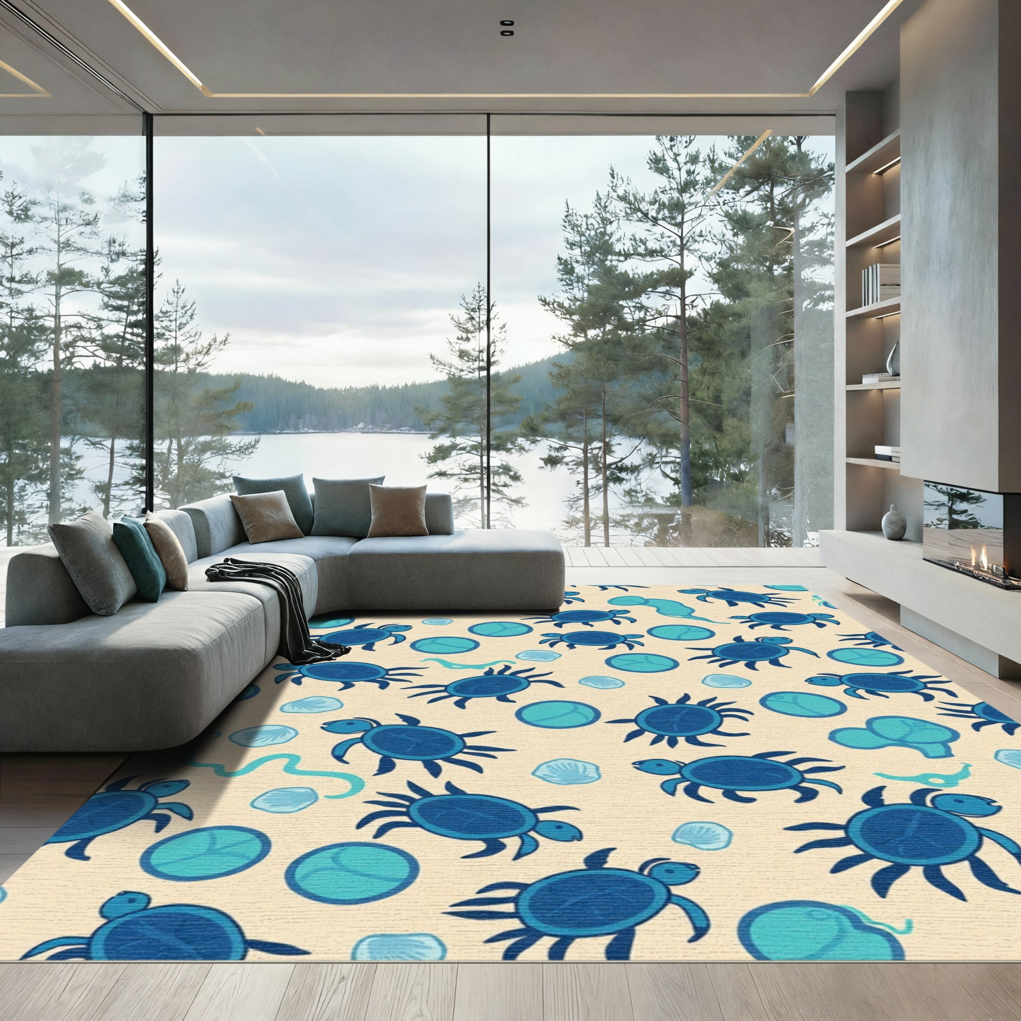 Whimsical Blue Turtle Ocean Circles Rug