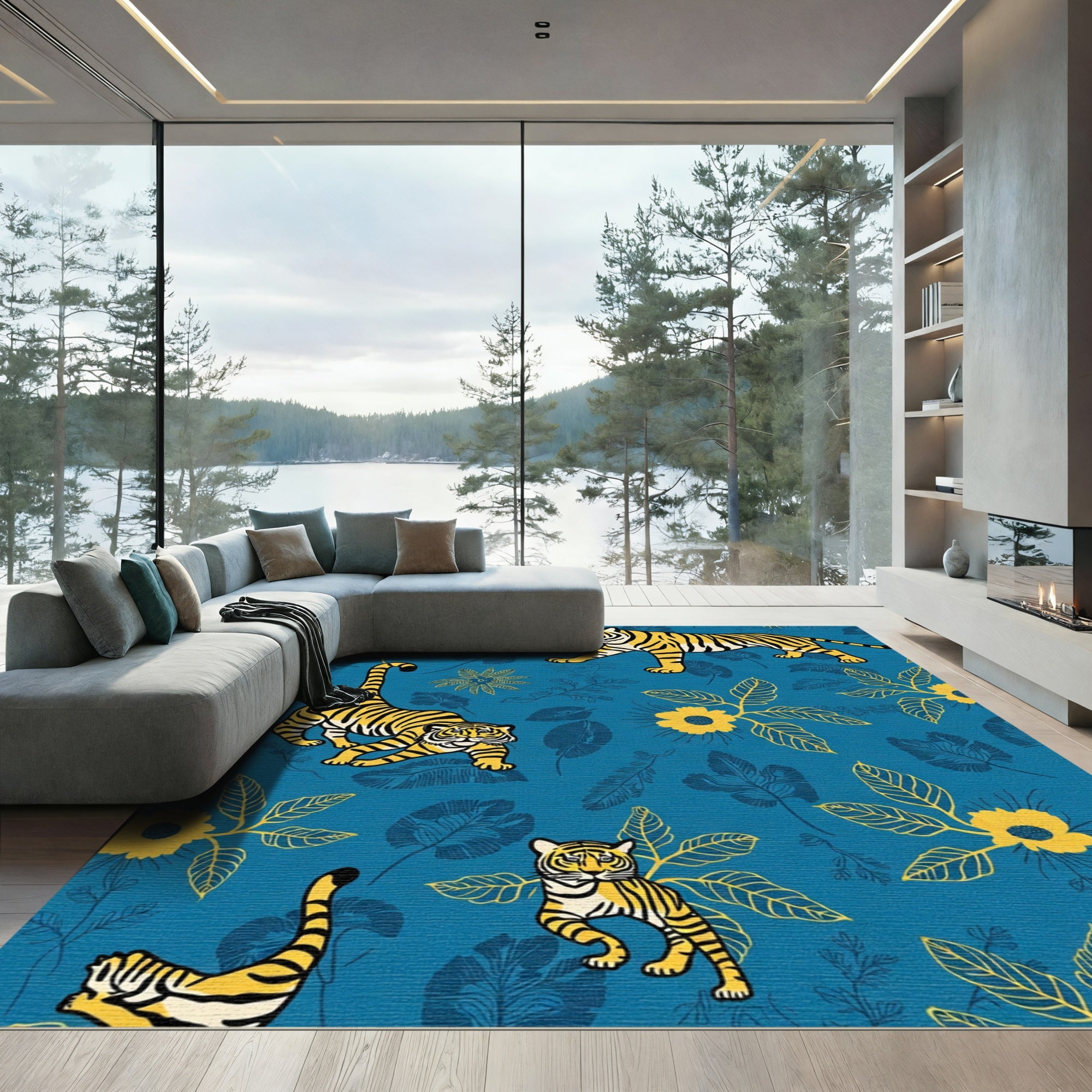 Radiant Yellow Tiger Jungle Foliage Rug