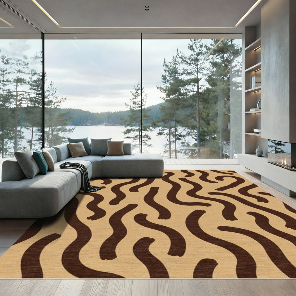 Brown Wavy Lines Tan Background Rug