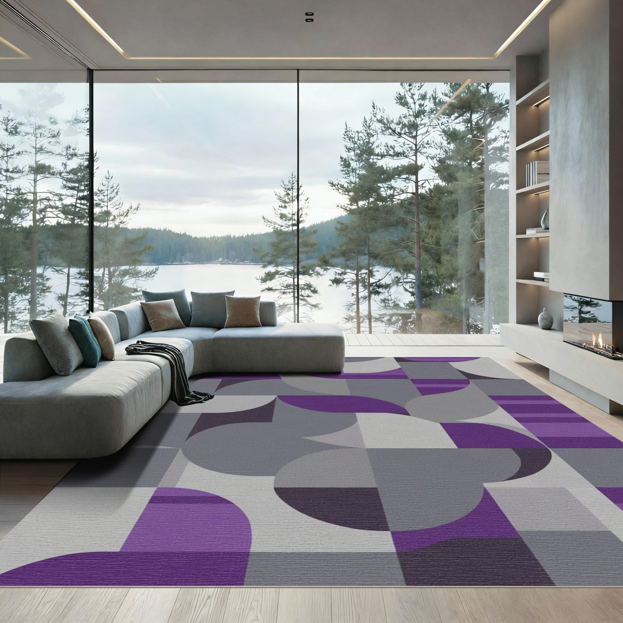 Abstract Purple Grayscale Curves Rug
