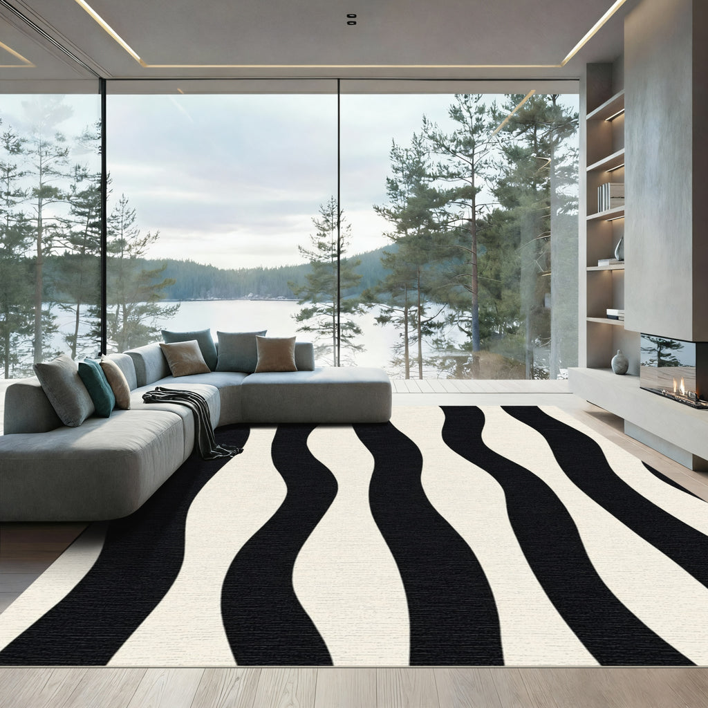 Modern Black Cream Wavy Stripe Rug