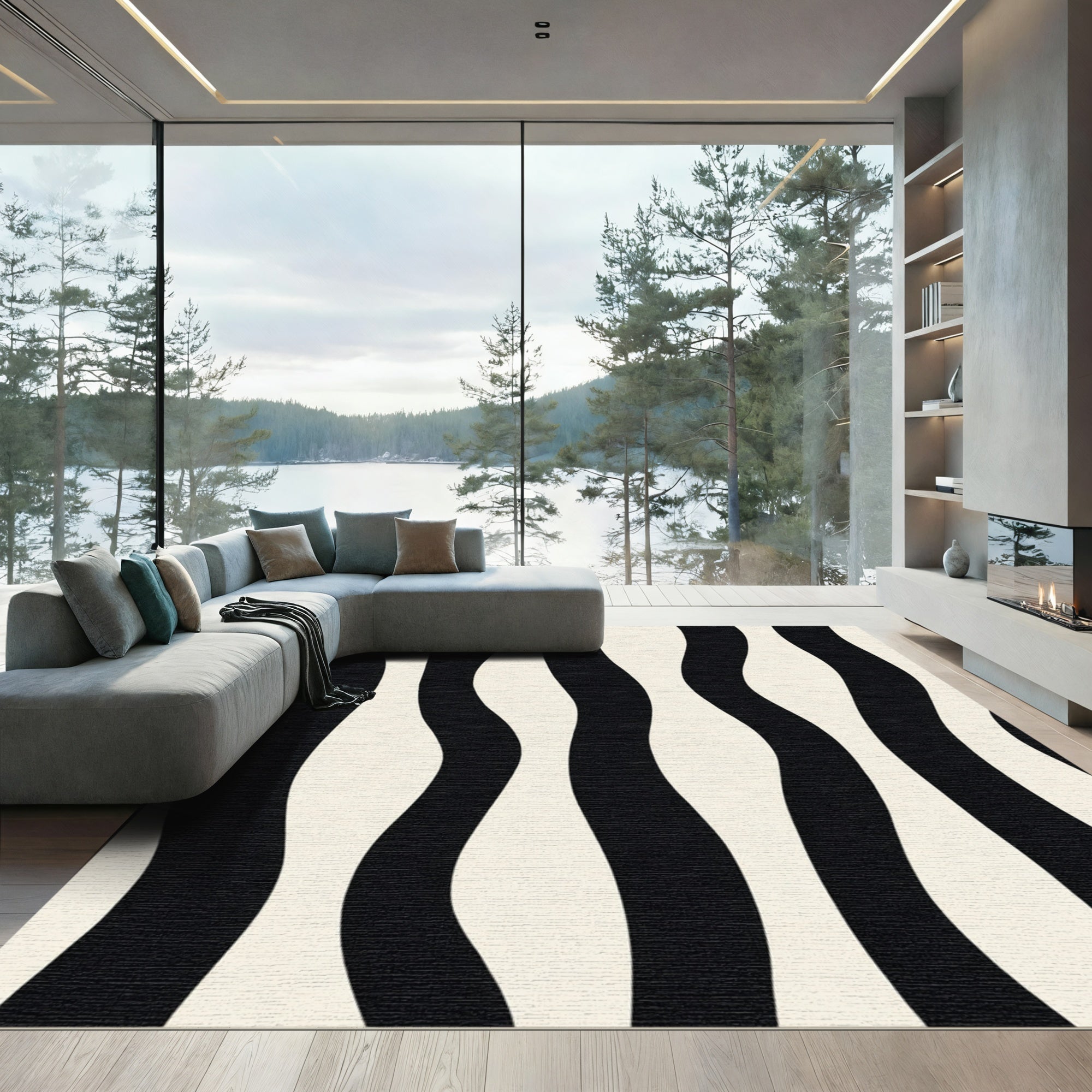 Modern Black Cream Wavy Stripe Rug