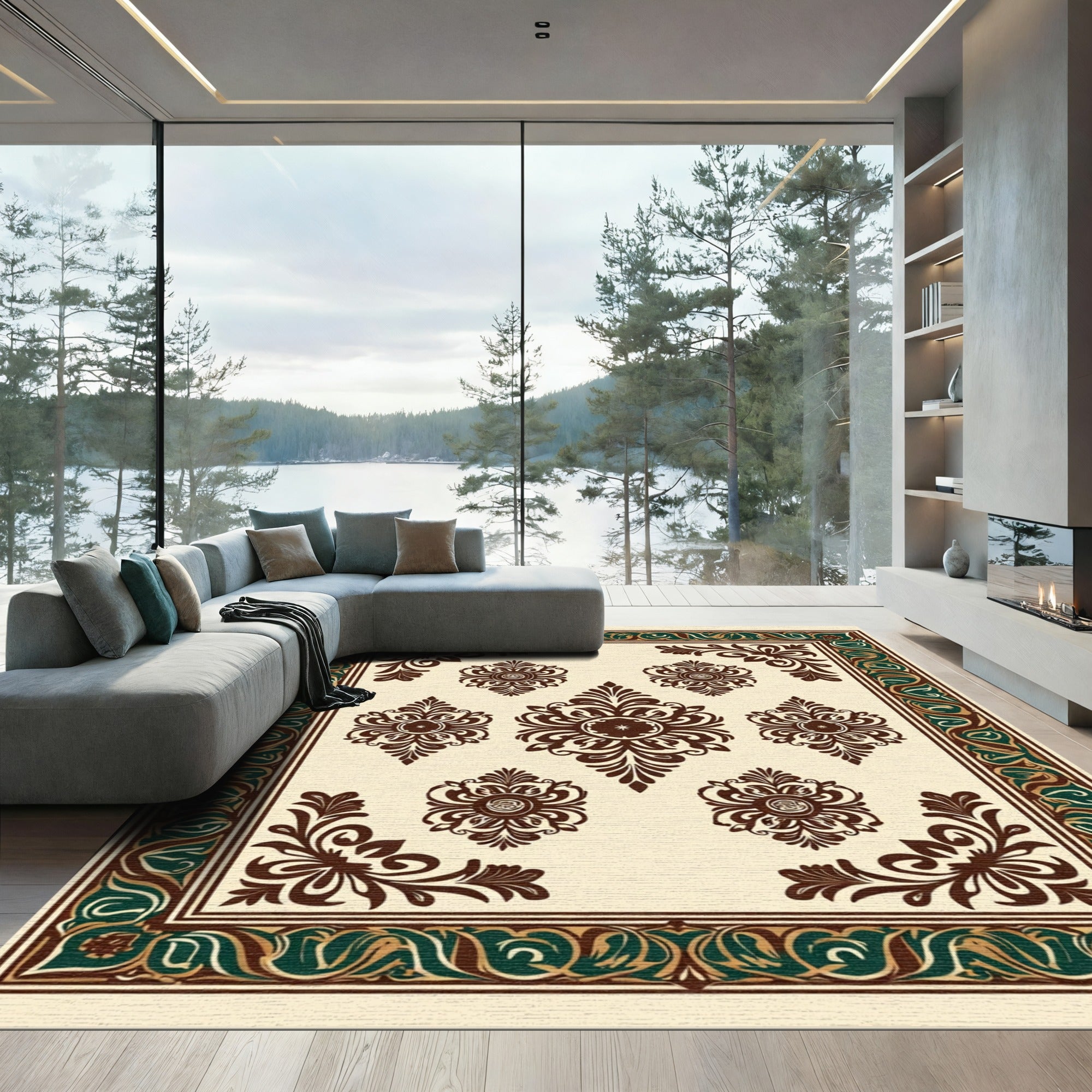 Rich Brown Cream Floral Damask Accents Rug