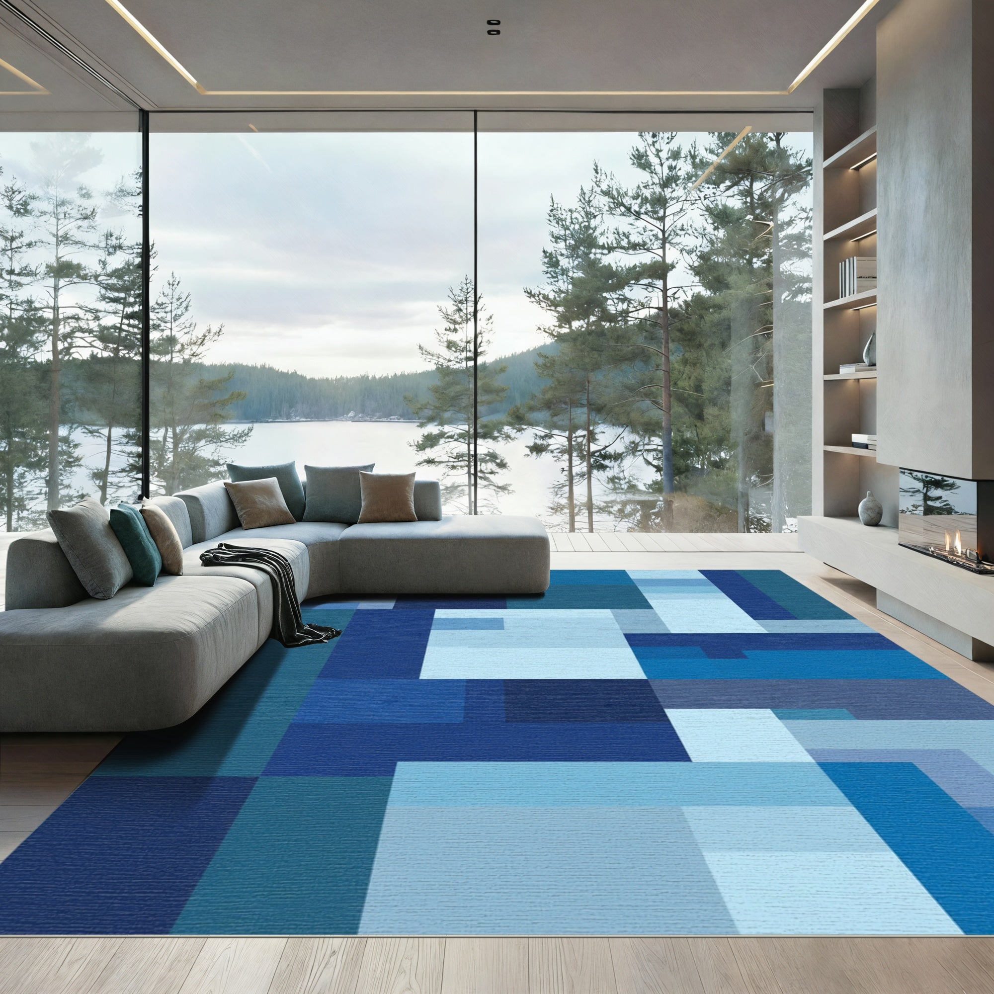 Shades Of Blue Geometric Blocks Rug