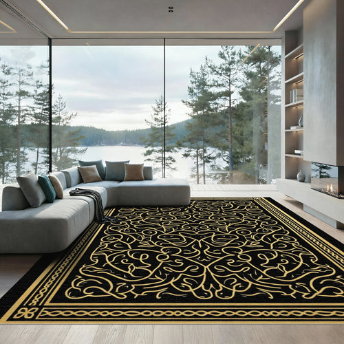 Black Gold Intricate Line Art Rug
