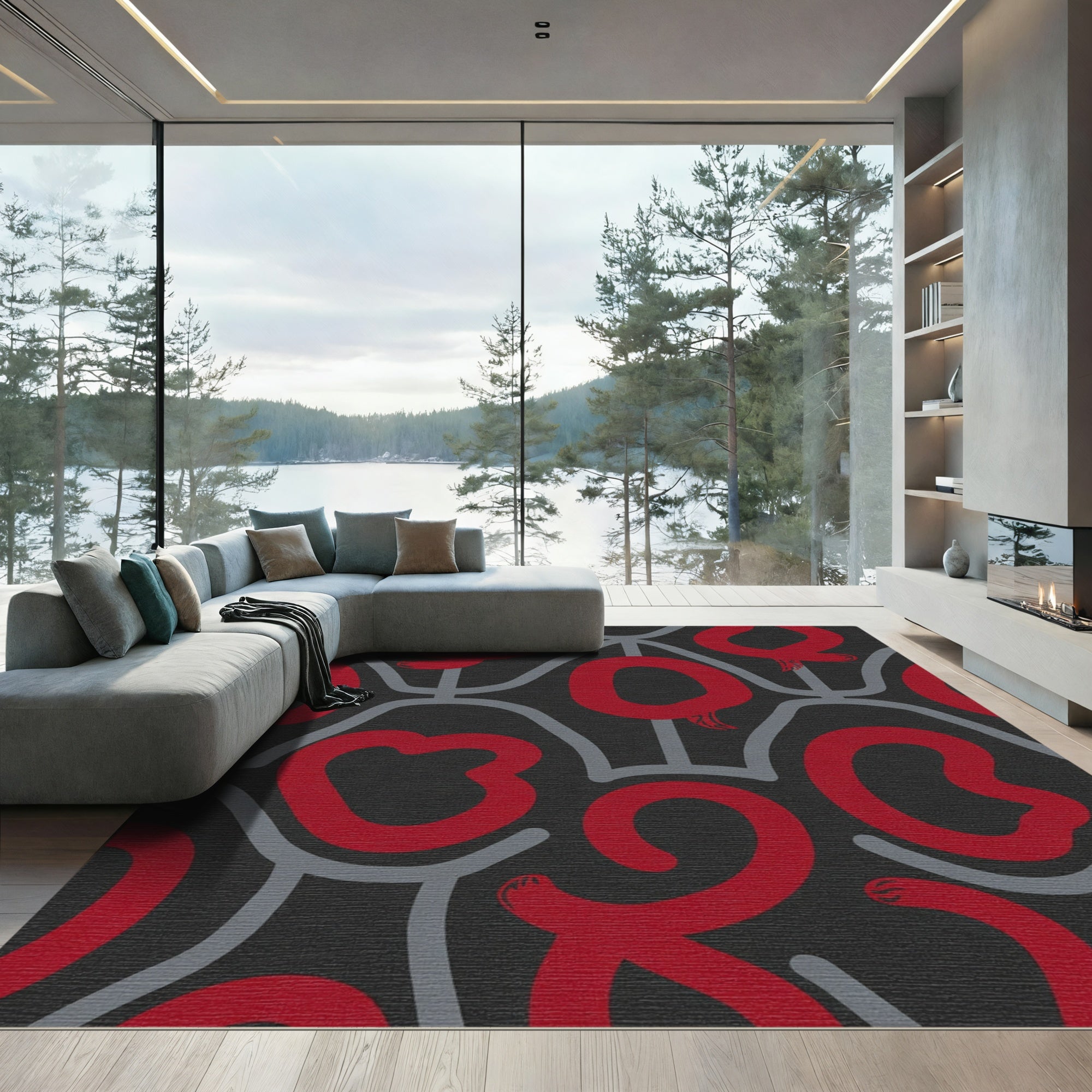 Bold Red Abstract Swirl Grid Rug