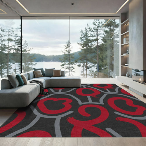 Bold Red Abstract Swirl Grid Rug