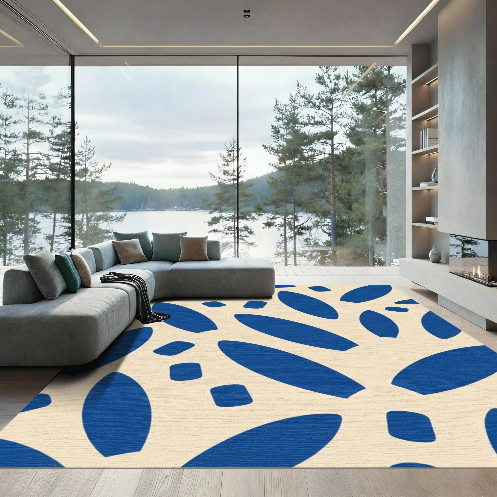 Deep Blue Abstract Leaf Shapes Rug