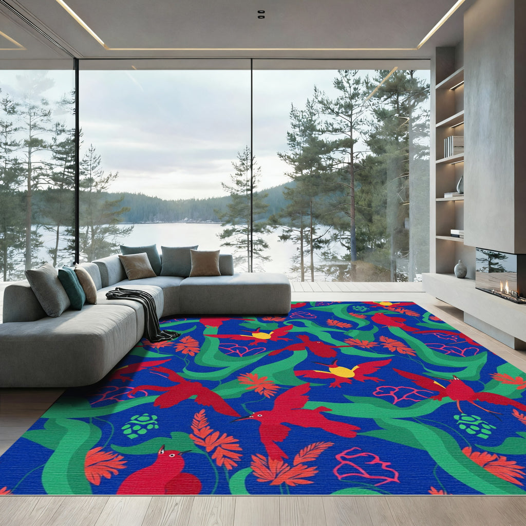 Vibrant Red Birds Green Foliage Tropical Rug