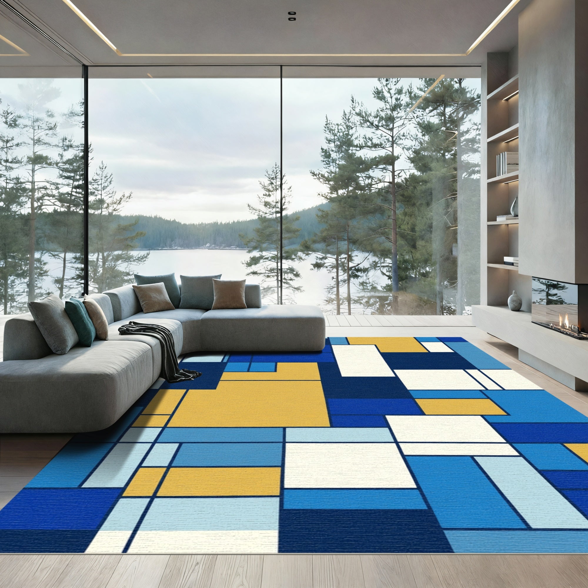 Blue Yellow Abstract Geometric Blocks Rug