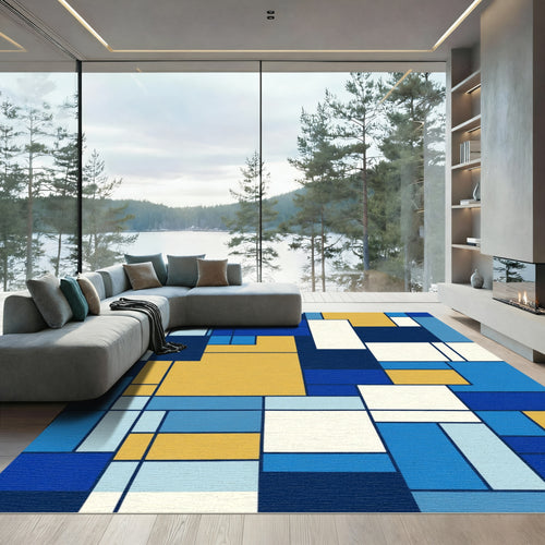 Blue Yellow Abstract Geometric Blocks Rug