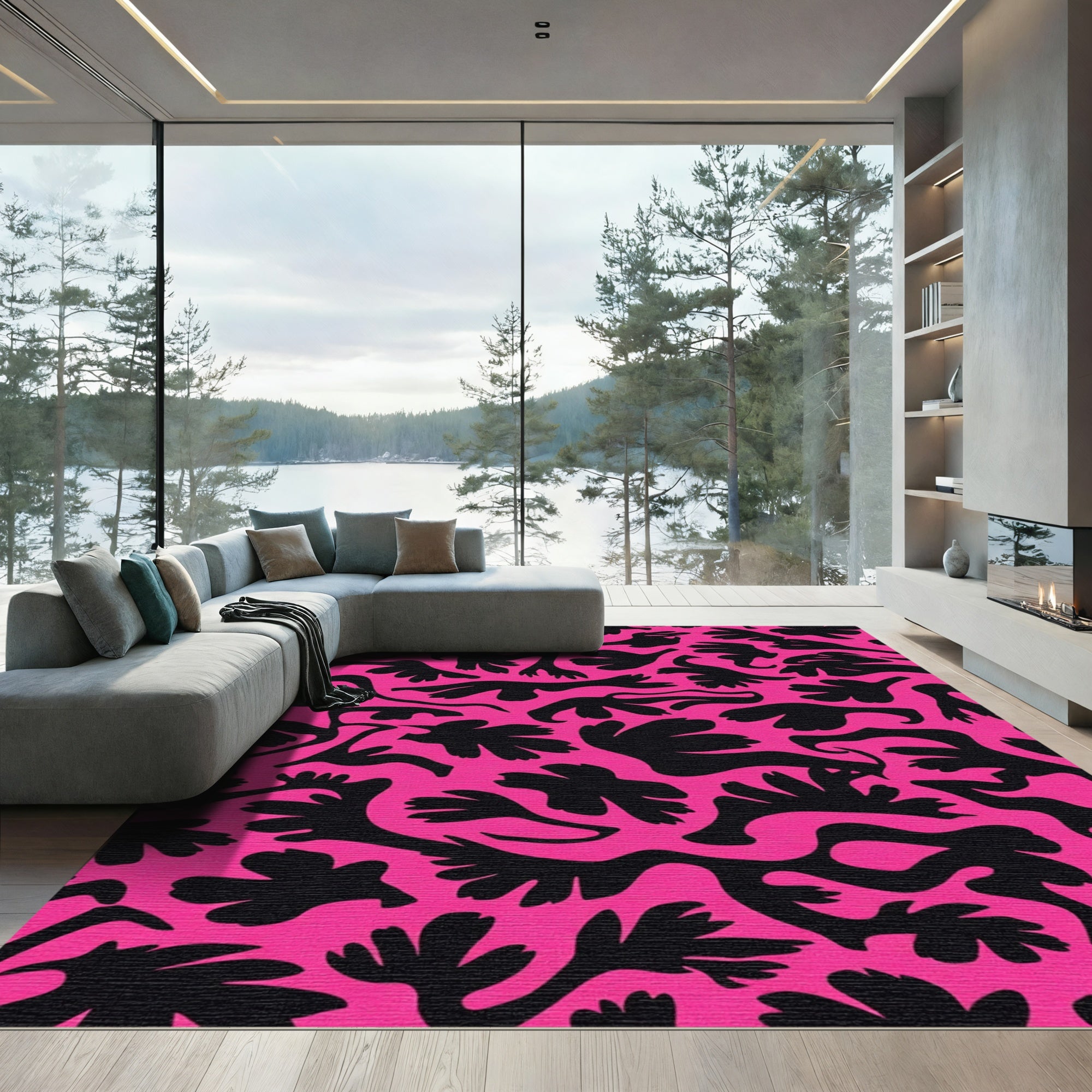 Bold Pink Black Organic Shapes Rug