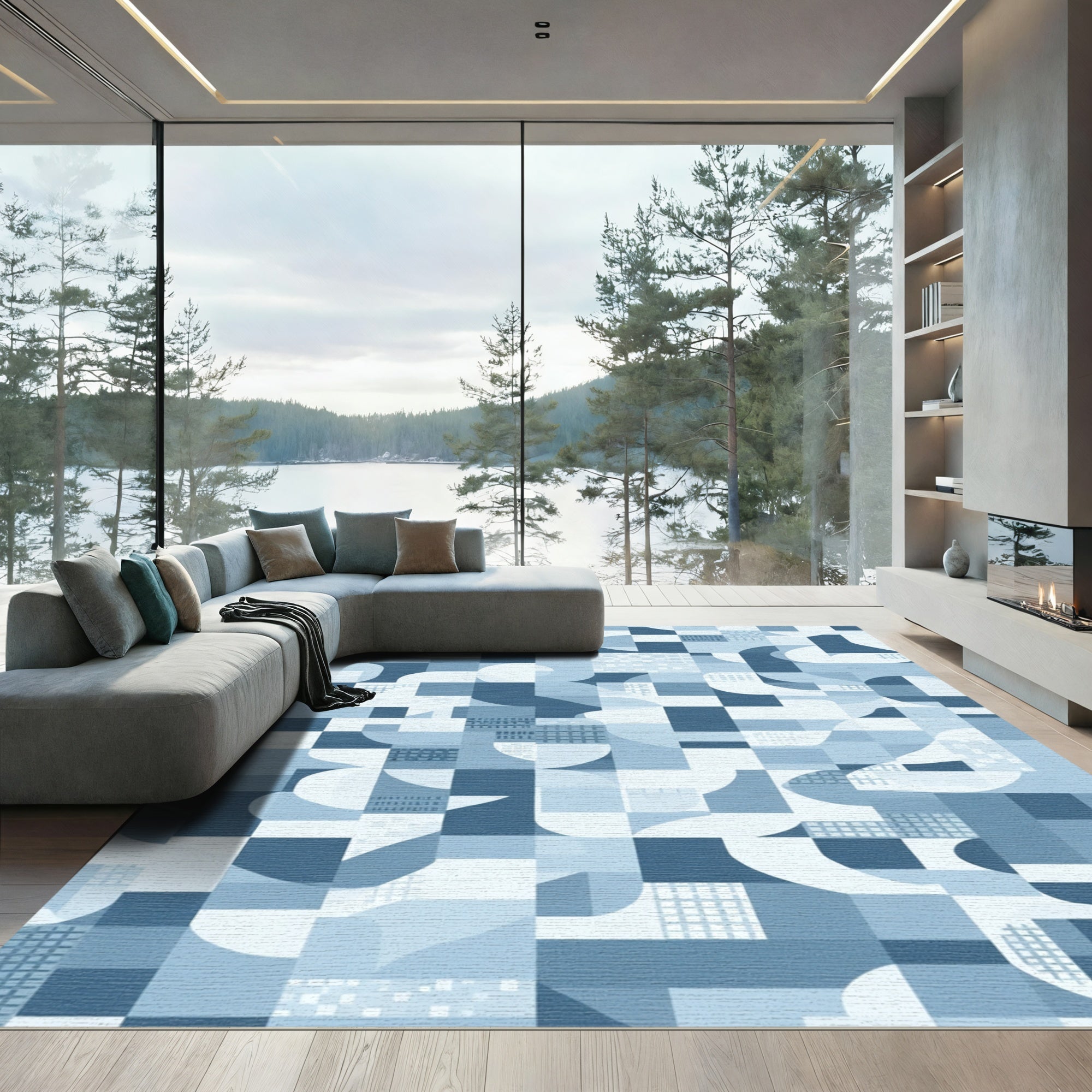 Geometric Blue Abstract Wave Rug