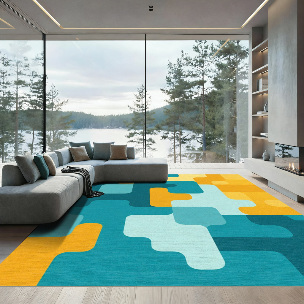Teal Yellow Rounded Geometric Abstraction Rug