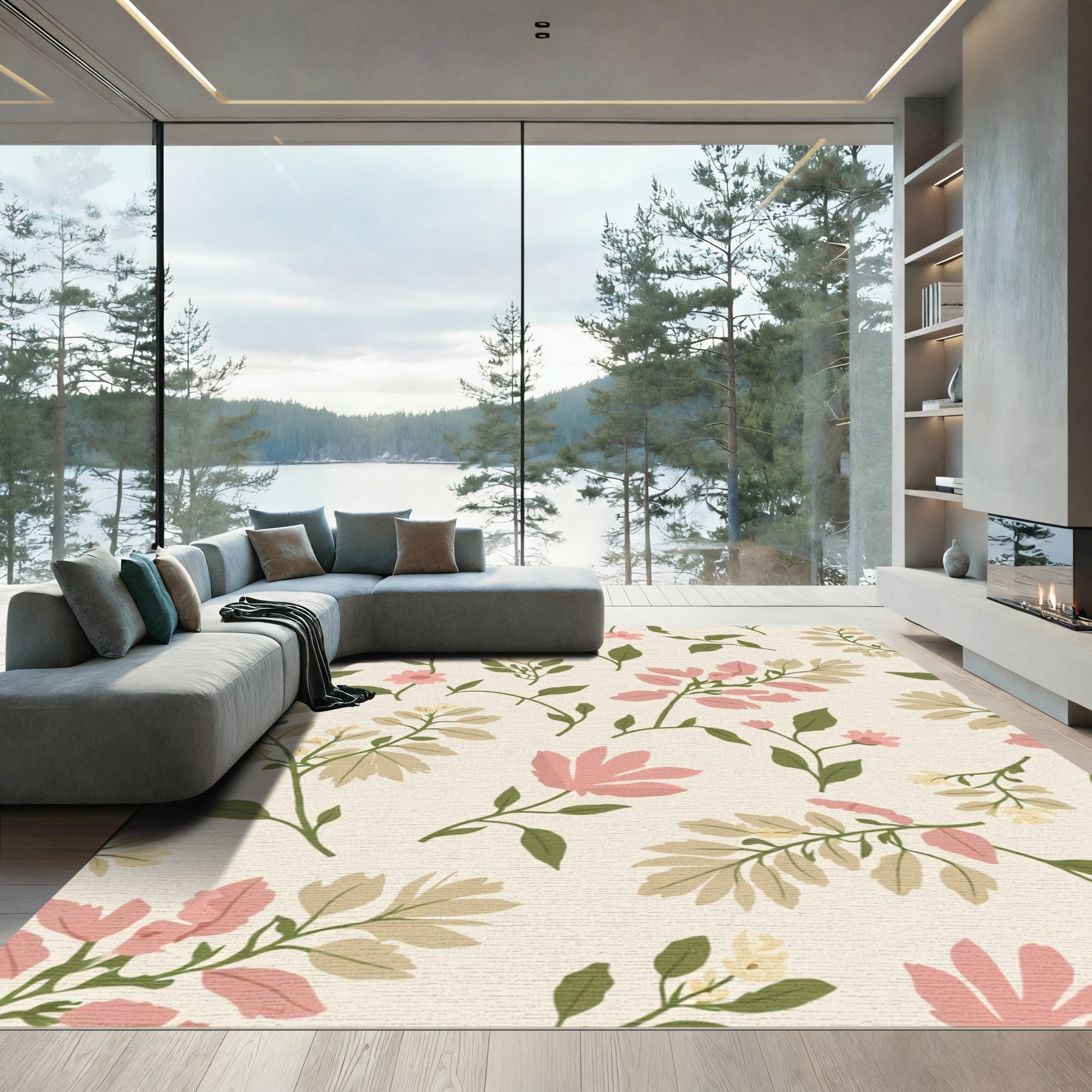Whimsical Pink Green Floral Branches Rug