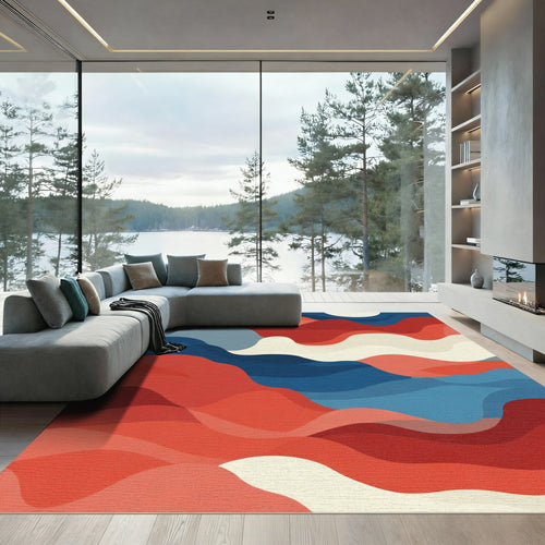 Abstract Red Blue Cream Wave Rug
