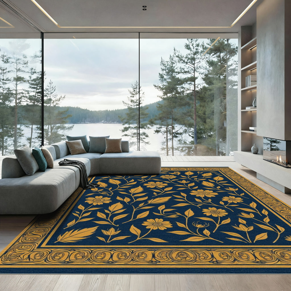 Navy Gold Floral Vine Border Rug