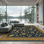 Navy Gold Floral Vine Border Rug