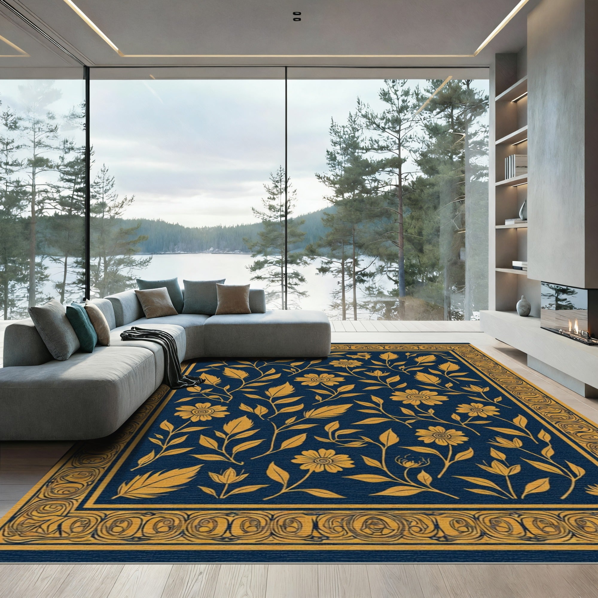 Navy Gold Floral Vine Border Rug