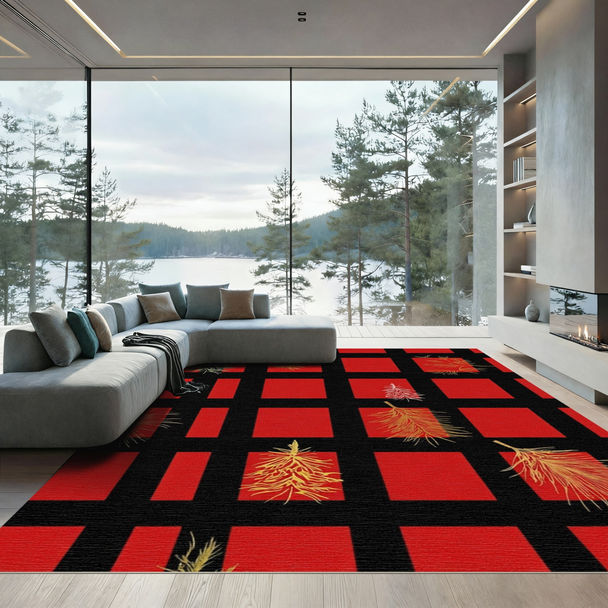 Red Black Gingham Pine Sprigs Rug
