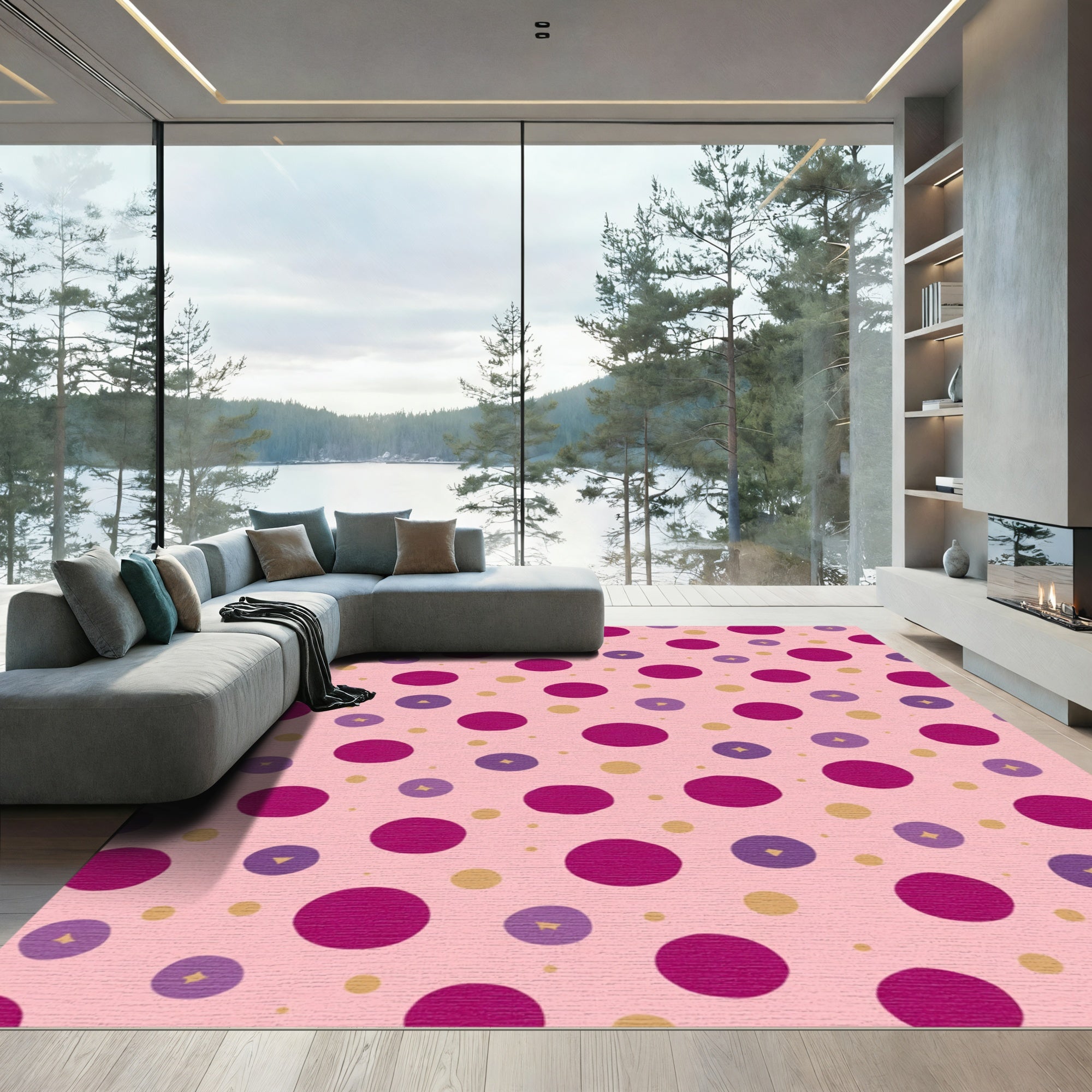 Pink Magenta Purple Gold Polka Dot Burst Rug