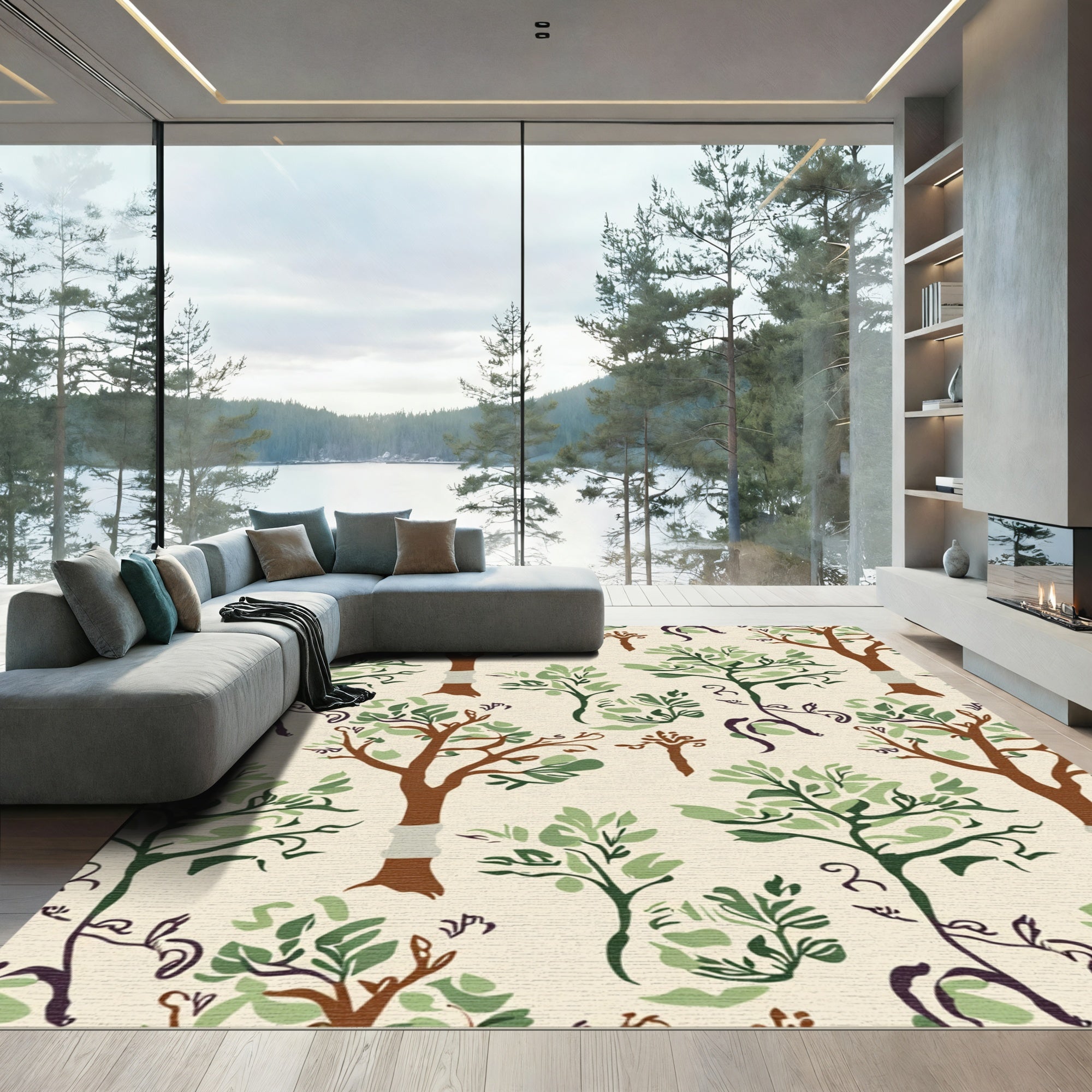 Woodland Emerald Leaf Tree Arrangement Rug
