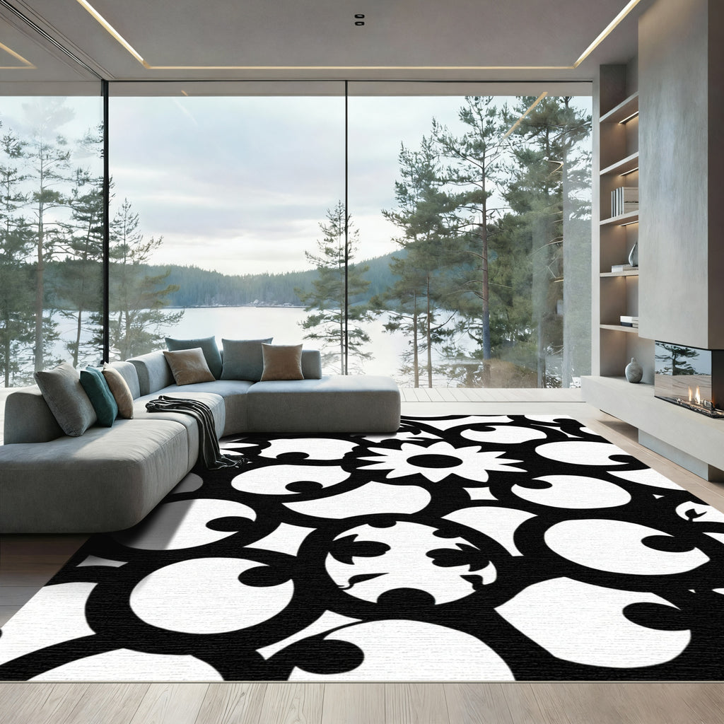 Retro Black White Floral Swirl Rug