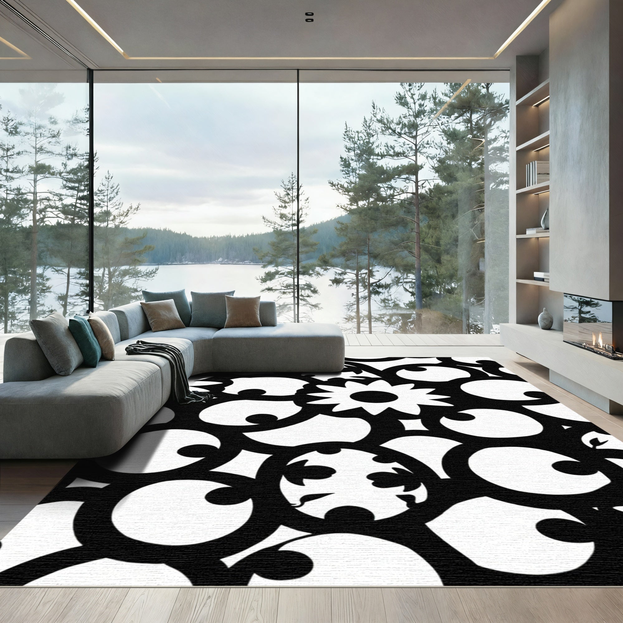 Retro Black White Floral Swirl Rug