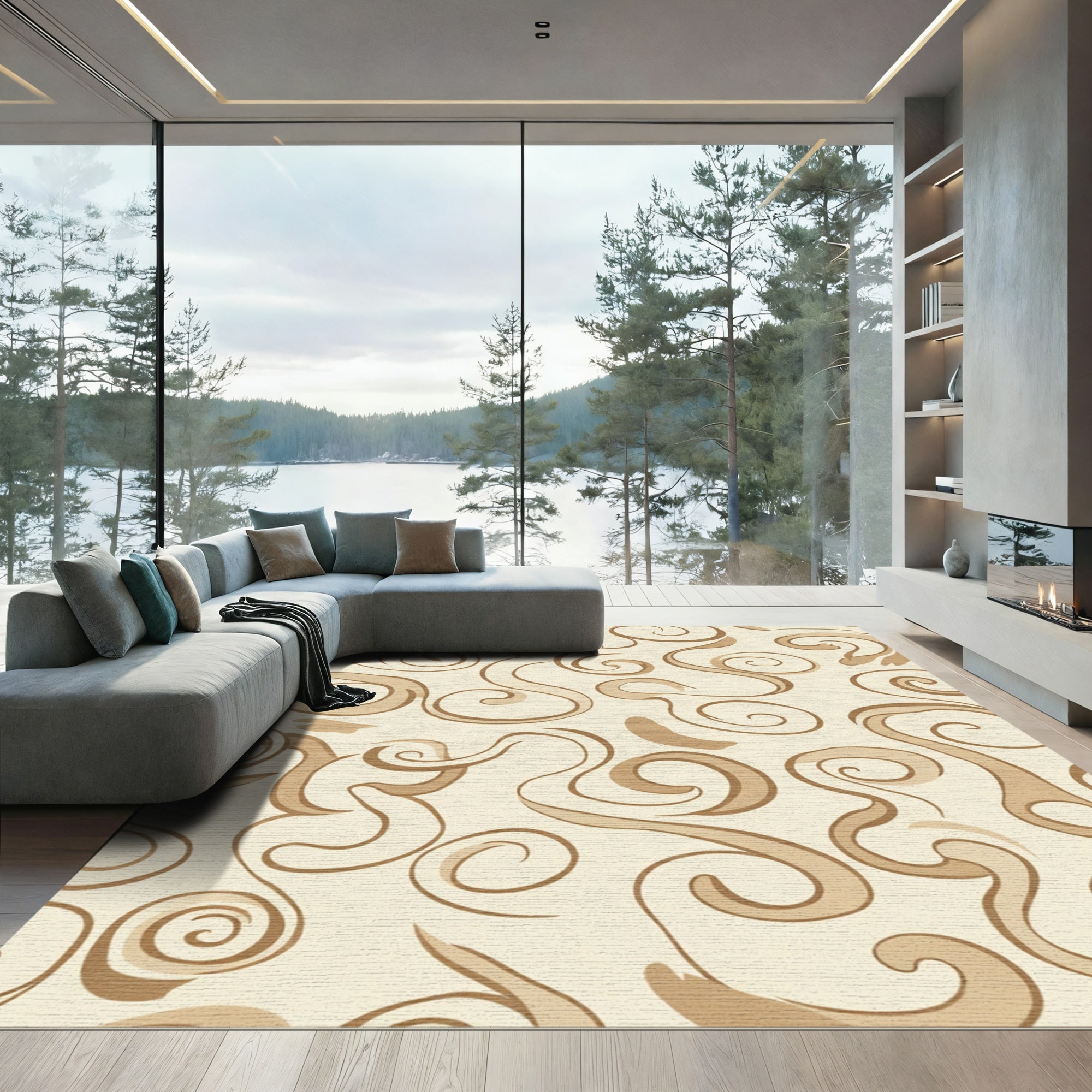 Earthy Cream Swirl Scroll Rug