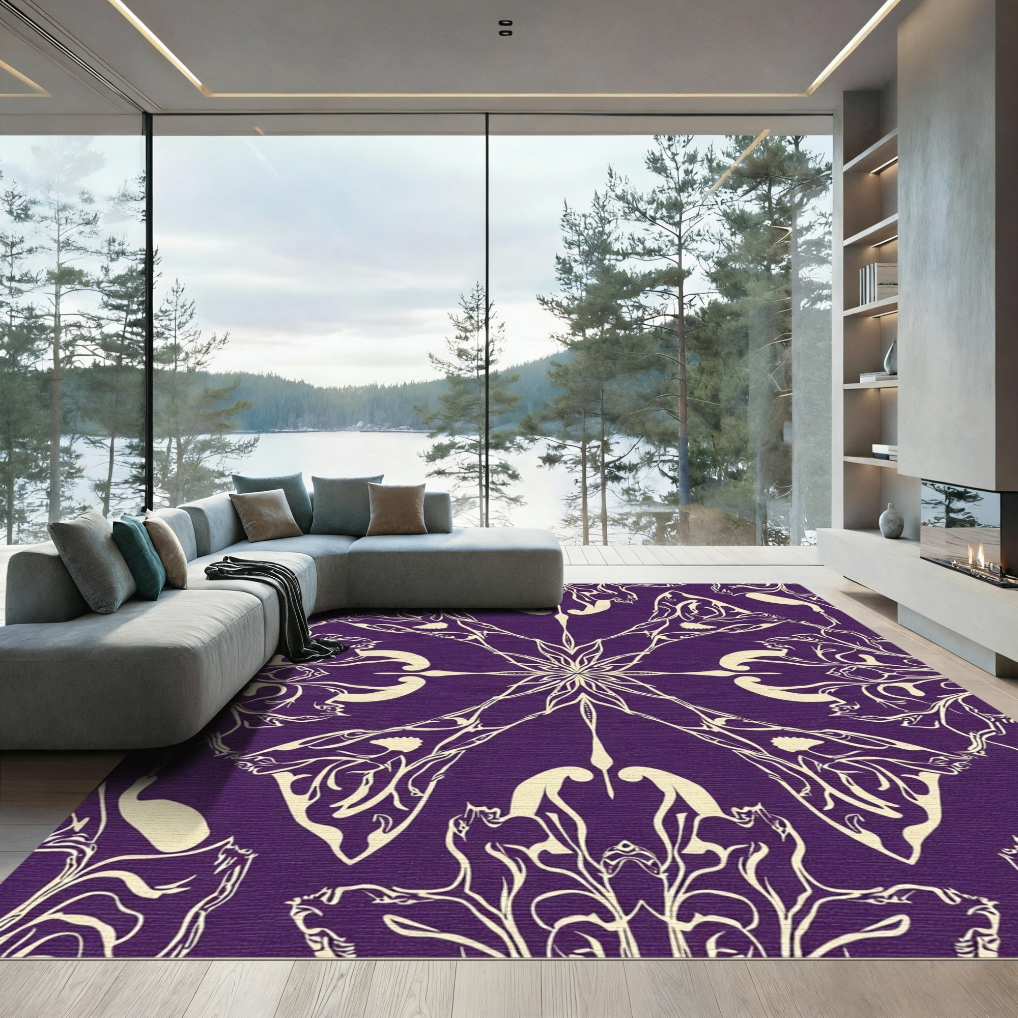 Purple Beige Symmetrical Floral Emblem Rug