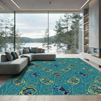 Teal Teal And Gold Animal Motif Rug