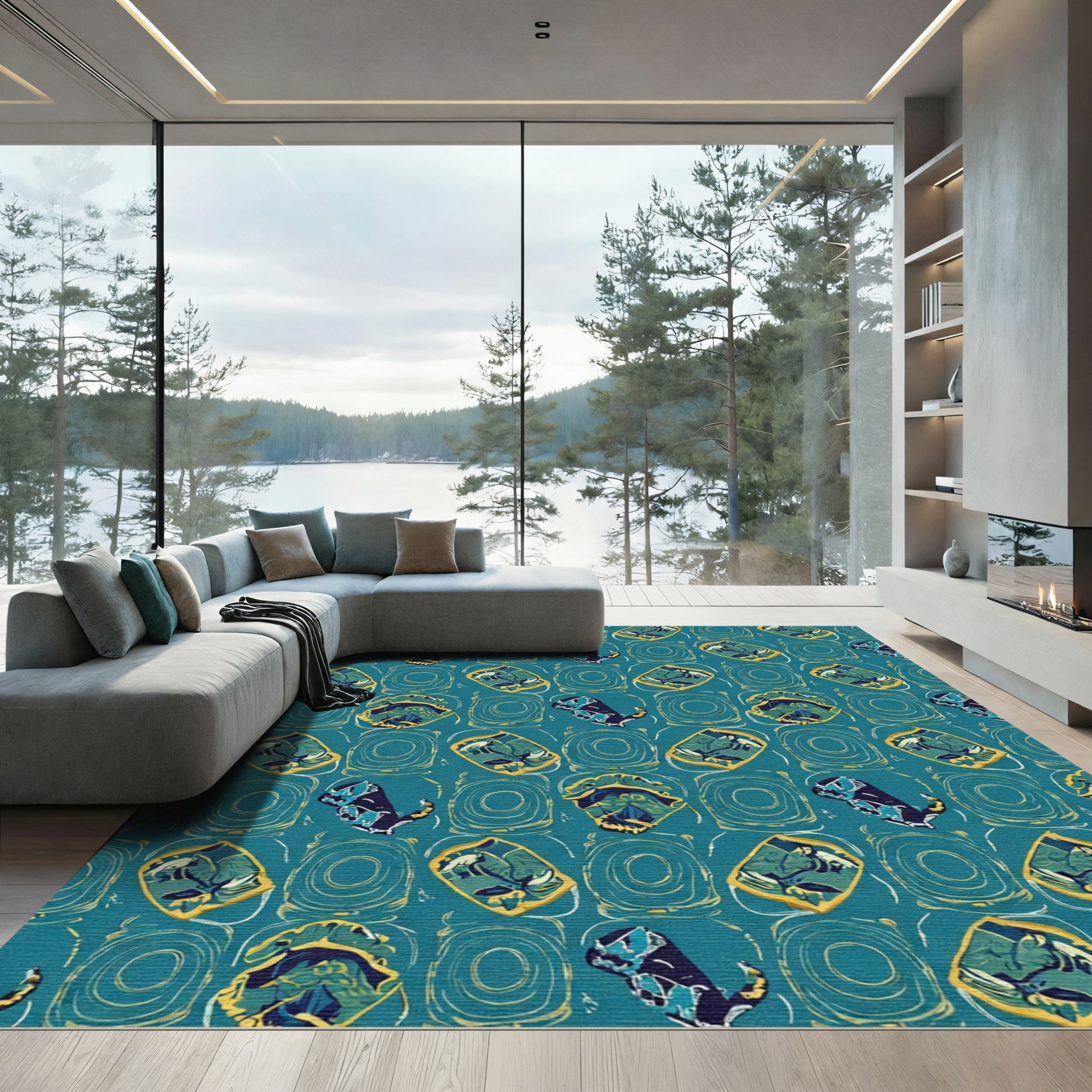 Teal Teal And Gold Animal Motif Rug